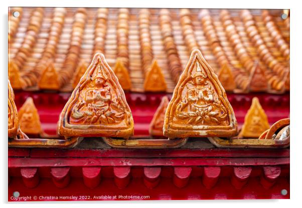 Ornate roof tiles on a temple in Bangkok, Thailand,  Acrylic by Christina Hemsley