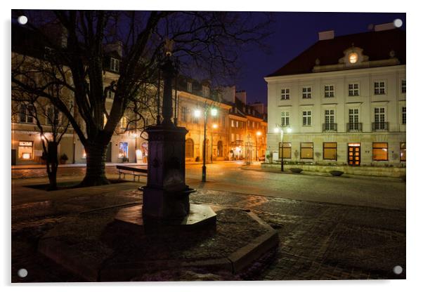 New Town Square In Warsaw City By Night Acrylic by Artur Bogacki
