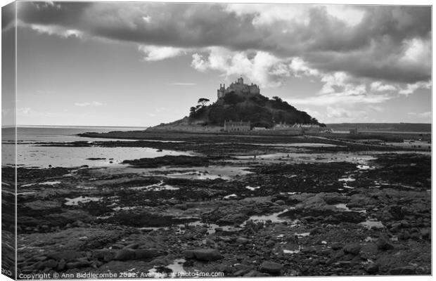 St Michaels Mount from the rocks in monochrome Canvas Print by Ann Biddlecombe