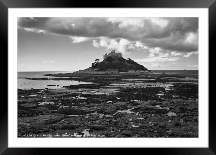 St Michaels Mount from the rocks in monochrome Framed Mounted Print by Ann Biddlecombe