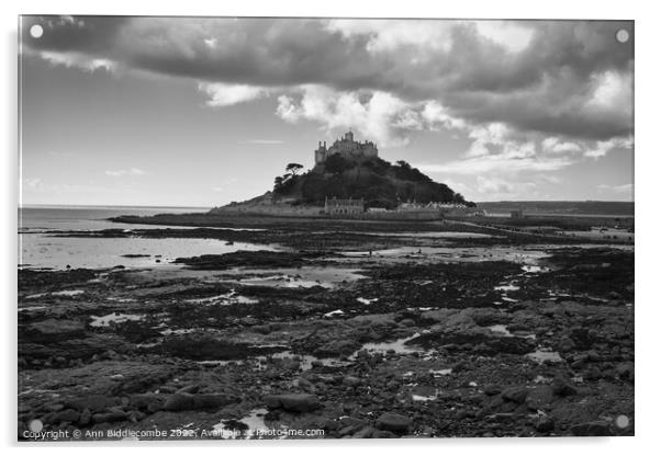 St Michaels Mount from the rocks in monochrome Acrylic by Ann Biddlecombe