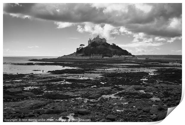 St Michaels Mount from the rocks in monochrome Print by Ann Biddlecombe