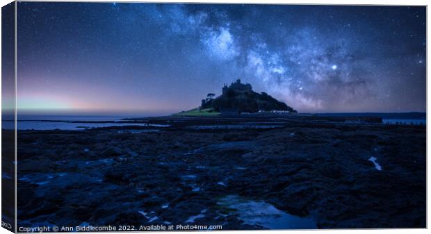 St Michaels Mount under a starry sky Canvas Print by Ann Biddlecombe