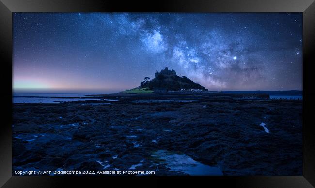 St Michaels Mount under a starry sky Framed Print by Ann Biddlecombe