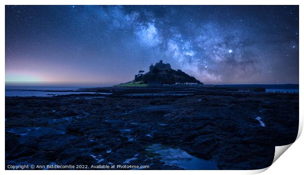 St Michaels Mount under a starry sky Print by Ann Biddlecombe