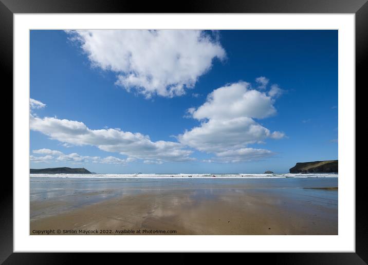 White clouds over Polzeath beach Framed Mounted Print by Simon Maycock