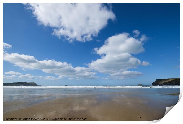 White clouds over Polzeath beach Print by Simon Maycock