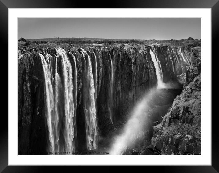 Victoria Falls and Gorge with Rainbow Black and White Framed Mounted Print by Dietmar Rauscher
