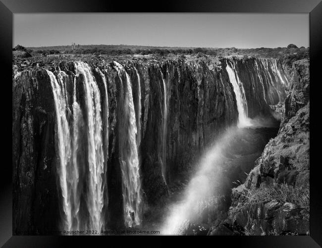 Victoria Falls and Gorge with Rainbow Black and White Framed Print by Dietmar Rauscher