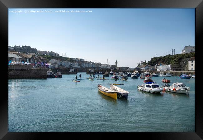 Porthleven Harbour, Cornwall, love food Framed Print by kathy white
