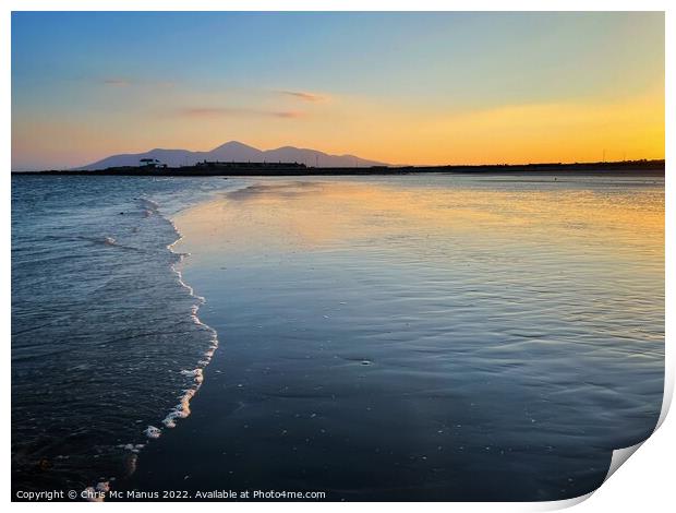 Tyrella Beach Sunset with Mourne Mountains Print by Chris Mc Manus