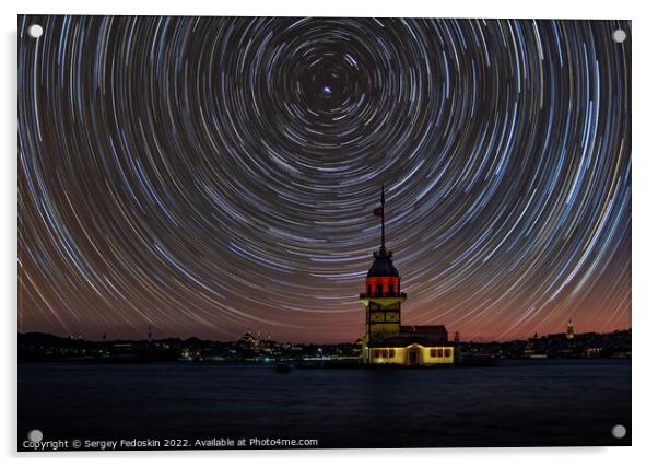 Maiden's Tower (Kiz Kulesi) in istanbul at night, Turkey. Acrylic by Sergey Fedoskin