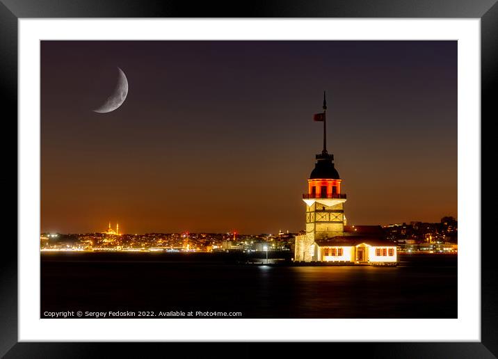 Maiden's Tower (Kiz Kulesi) in istanbul at night, Turkey. Framed Mounted Print by Sergey Fedoskin