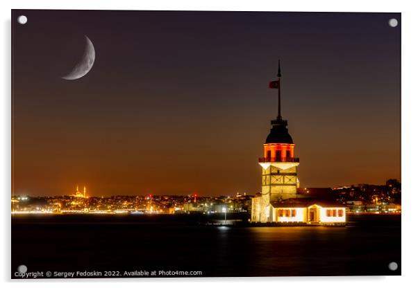 Maiden's Tower (Kiz Kulesi) in istanbul at night, Turkey. Acrylic by Sergey Fedoskin