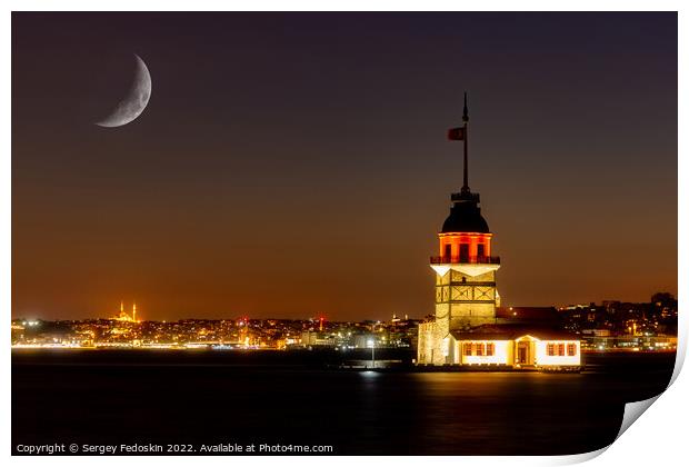 Maiden's Tower (Kiz Kulesi) in istanbul at night, Turkey. Print by Sergey Fedoskin