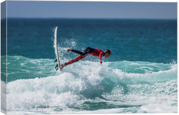 Wild surfing action at Fistral in Cornwall. Canvas Print by Gordon Scammell