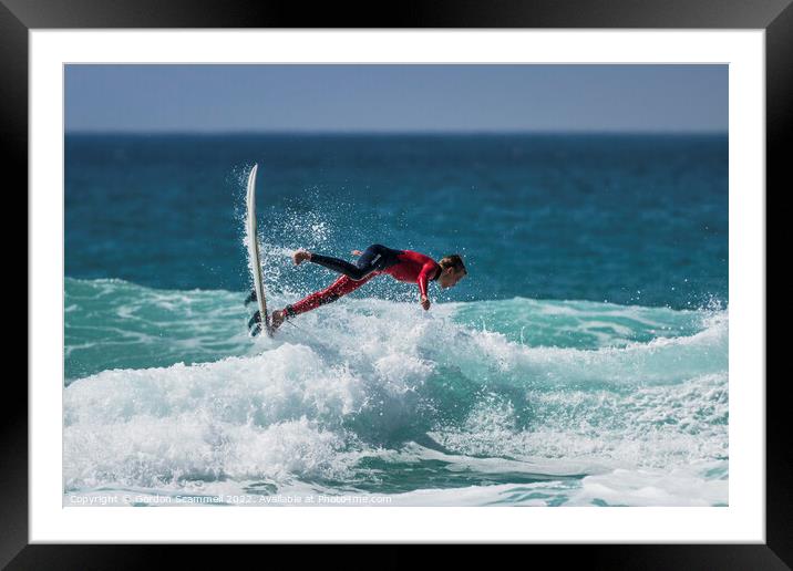 Wild surfing action at Fistral in Cornwall. Framed Mounted Print by Gordon Scammell