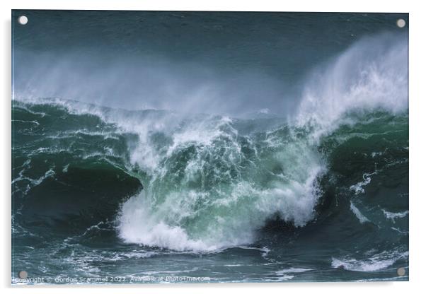 A wild wave breaking on the Cribbar Reef off Towan Acrylic by Gordon Scammell