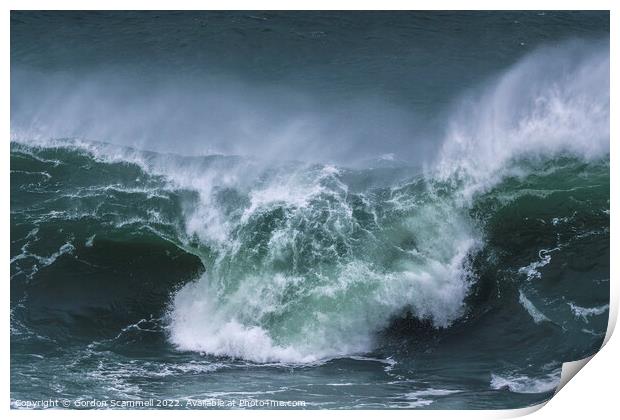 A wild wave breaking on the Cribbar Reef off Towan Print by Gordon Scammell