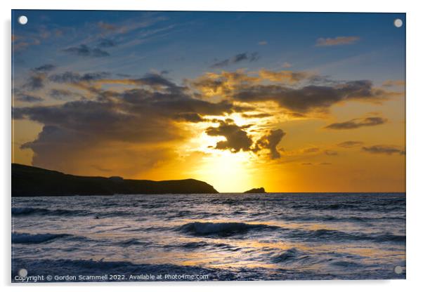A beautiful intense sunset over Fistral Bay in New Acrylic by Gordon Scammell