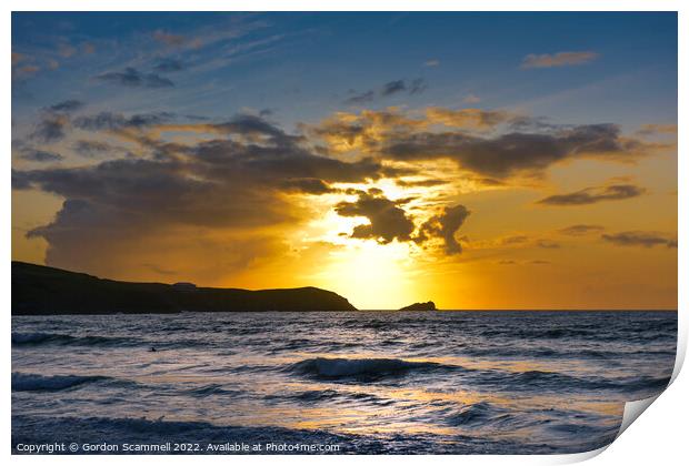 A beautiful intense sunset over Fistral Bay in New Print by Gordon Scammell