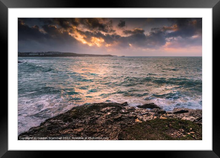 Dramatic evening sunlight over Fistral Bay in Newq Framed Mounted Print by Gordon Scammell