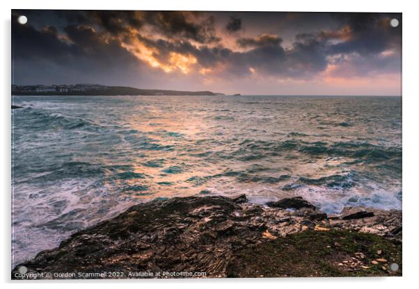 Dramatic evening sunlight over Fistral Bay in Newq Acrylic by Gordon Scammell