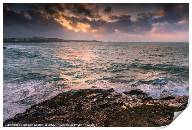 Dramatic evening sunlight over Fistral Bay in Newq Print by Gordon Scammell