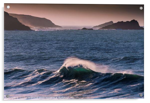 Evening light over a wave breaking in Fistral Bay  Acrylic by Gordon Scammell