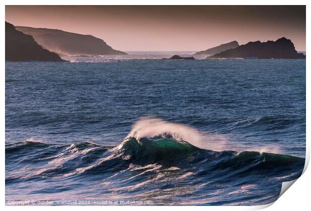 Evening light over a wave breaking in Fistral Bay  Print by Gordon Scammell