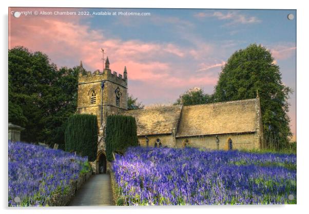 English Bluebell Church Acrylic by Alison Chambers