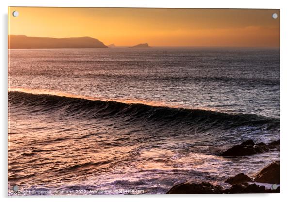 An intense golden sunset over Fistral Bay in Newqu Acrylic by Gordon Scammell