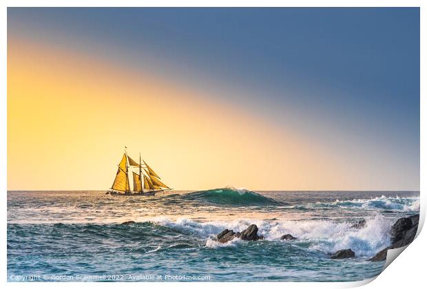 Golden evening light over the Schooner Anny sailin Print by Gordon Scammell