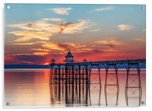 Clevedon Pier at sunset with colourful reflection on the sea Acrylic by Rory Hailes