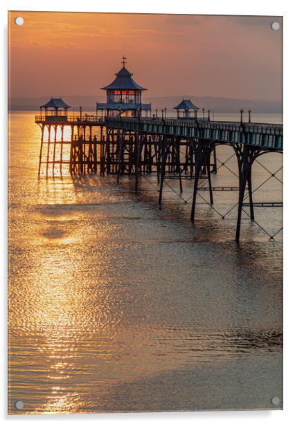 Clevedon Pier with a golden reflection on the sea Acrylic by Rory Hailes