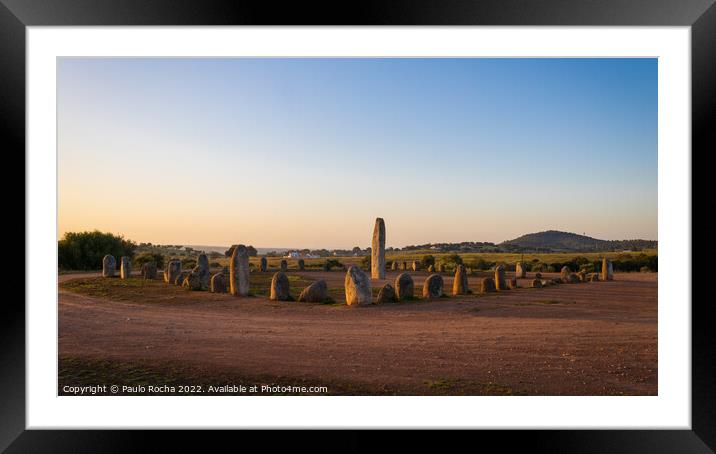 Stone menhirs at Cromeleque do Xerez in Portugal at sunrise Framed Mounted Print by Paulo Rocha