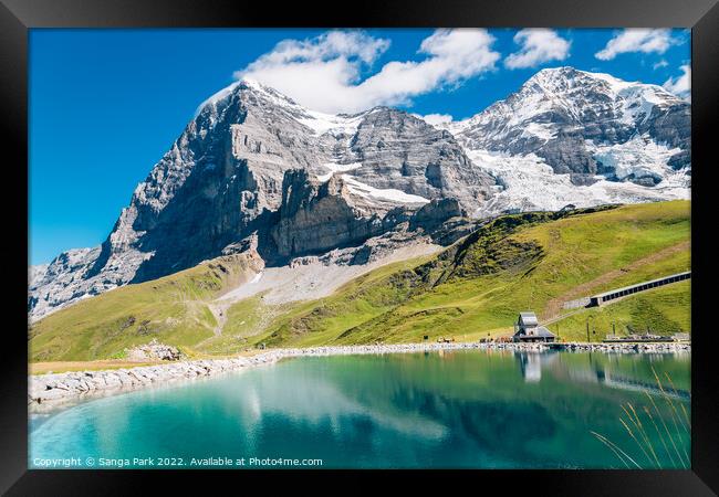 Jungfrau Fallbodensee lake and snowy mountain in Switzerland Framed Print by Sanga Park