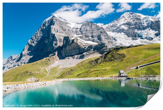 Jungfrau Fallbodensee lake and snowy mountain in Switzerland Print by Sanga Park