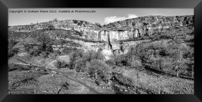 Malham Cove elevated view panorama monochrome Framed Print by Graham Moore