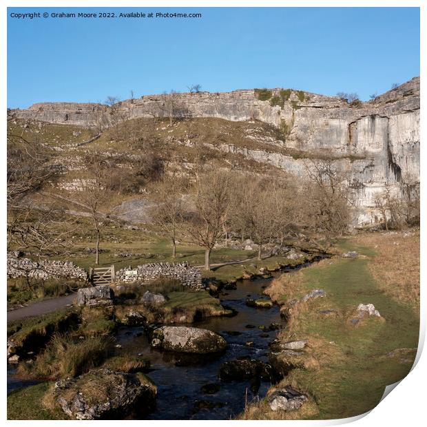 Malham Cove and Malham Beck elevated view Print by Graham Moore