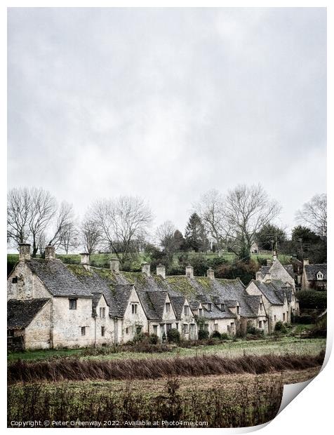 A View Of A Row of Historic Quintessential Cotswold Cottages In Bibury Print by Peter Greenway