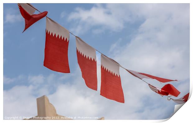 Al-Adaam national flags of Qatar flying in the sky above Doha, Qatar Print by SnapT Photography