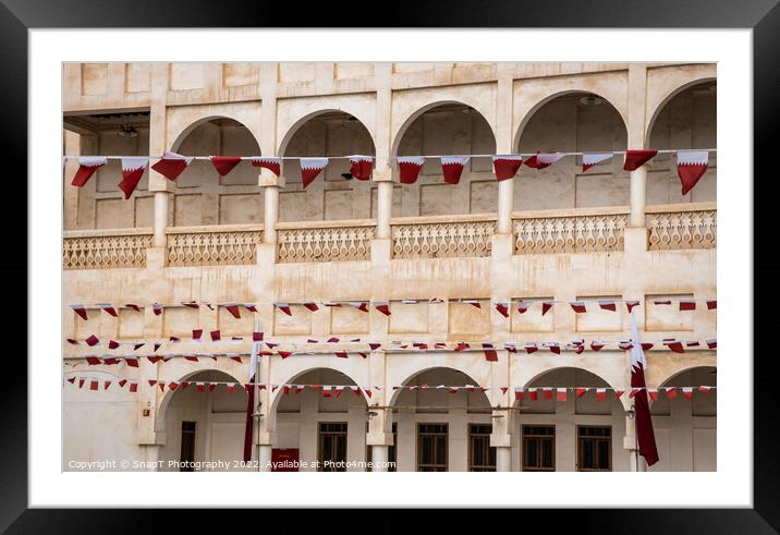 Rows of Al-Adaam national flags of Qatar flying in Souq Waqif, Doha, Qatar Framed Mounted Print by SnapT Photography