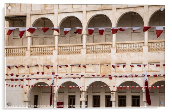 Rows of Al-Adaam national flags of Qatar flying in Souq Waqif, Doha, Qatar Acrylic by SnapT Photography