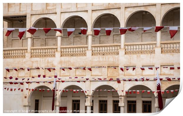 Rows of Al-Adaam national flags of Qatar flying in Souq Waqif, Doha, Qatar Print by SnapT Photography