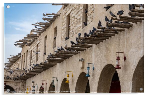 Pigeons sitting on bamboo poles on the wall of a qatari building in Souq Waqif Acrylic by SnapT Photography