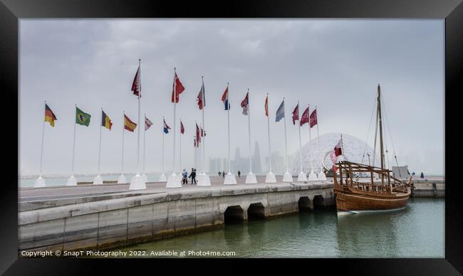 Flags at the 'Way to the World Cup' on the Corniche Promenade, Doha, Qatar Framed Print by SnapT Photography