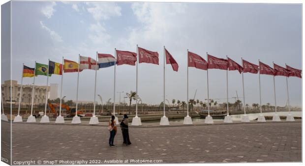 Fifa World Cup 2022 Qatar Flags flying at the Corniche Promenade, Doha, Qatar Canvas Print by SnapT Photography