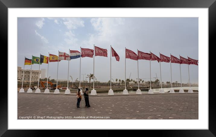 Fifa World Cup 2022 Qatar Flags flying at the Corniche Promenade, Doha, Qatar Framed Mounted Print by SnapT Photography