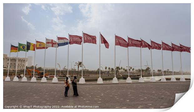 Fifa World Cup 2022 Qatar Flags flying at the Corniche Promenade, Doha, Qatar Print by SnapT Photography